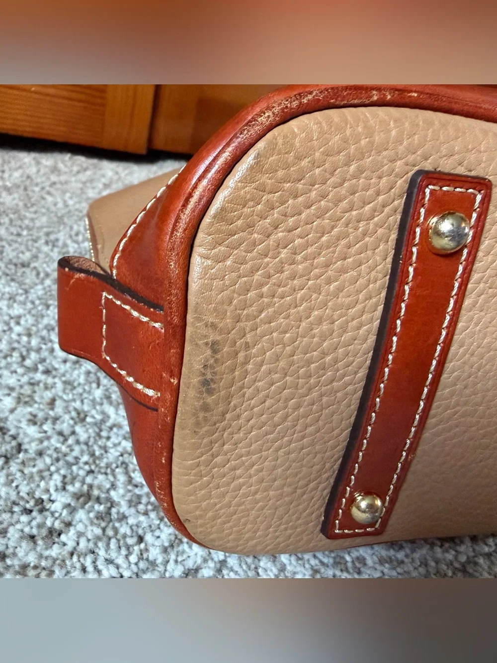 Dooney & Bourke Tan Pebbled Leather Dome Satchel Bag Purse with Brown Trim